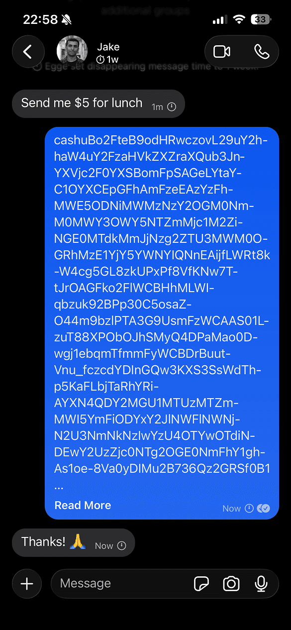 iMessage chat where a long Cashu token is sent in reply to '$5 for lunch'